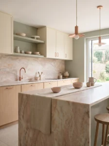 Blush quartzite kitchen countertop with subtle rose and peach tones, cream cabinets, and brushed brass hardware.