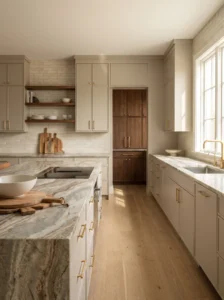 Greige and taupe quartzite countertop with earthy brown and gray veining paired with neutral cabinets and walnut accents.
