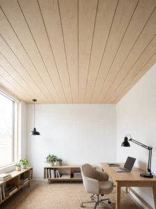 Modern home office with a pale birch plywood strip ceiling and minimalist black lighting fixtures.