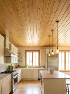 Natural pine plank ceiling above a warm modern kitchen with sage cabinets and pendant lights.