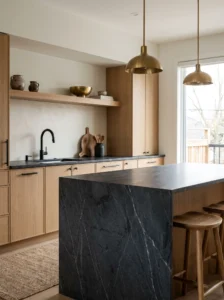 Charcoal quartzite kitchen countertop with fine silver veining, light wood cabinets, and modern black fixtures.