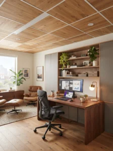 Wood veneer ceiling tiles in a finished home office