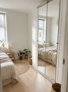 IKEA PAX wardrobe with full-length mirror doors that brighten a small bedroom and save floor space.