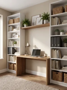BILLY bookcases framing a built-in home office desk nook