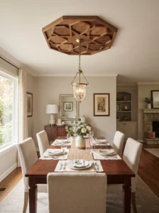 Geometric wood ceiling medallion around a pendant light