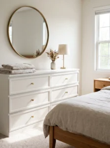 IKEA MALM dresser upgraded with shaker-style drawer trim, warm-white paint, and brass hardware.