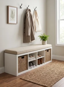 IKEA KALLAX entryway bench with a beige upholstered cushion, shoe storage cubbies, and wall hooks.