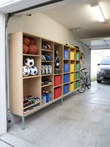 KALLAX-style cube organizer in a family garage with separate compartments for sports balls, helmets, shoes, and children’s gear.