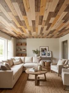 Mixed-tone wood plank ceiling combining pale oak, honey pine, and walnut shades in a welcoming family room.