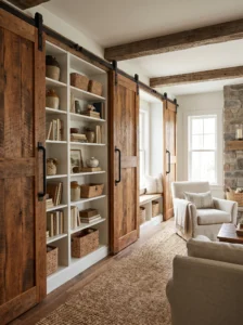BILLY bookcases concealed behind sliding barn-style doors