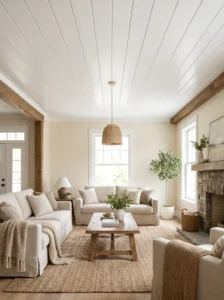 White shiplap plank ceiling in a cozy farmhouse living room