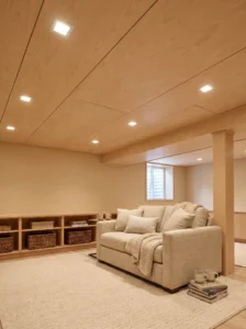 Lightweight pale birch plywood ceiling planks brightening a low-ceiling basement lounge.