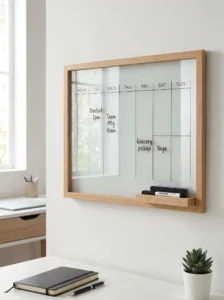 Old picture frame repurposed as a glass dry-erase weekly planner for a home office.
