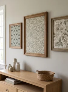 Old picture frames transformed into wall art using botanical fabric, floral prints, and geometric wallpaper scraps.