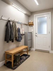 Garage entry drop zone with a slim bench, shoe storage, wall hooks, a boot tray, and a basket for everyday essentials.