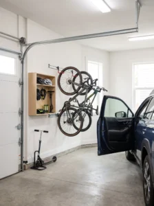 Organized garage bike and scooter corner with wall-mounted bicycles, helmets, locks, a pump, and accessory storage.