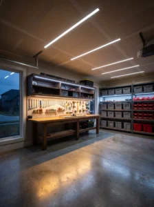 Garage workshop with layered LED lighting, illuminated workbench, under-shelf light strips, and organized tools.