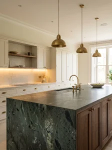 Deep forest-green quartzite kitchen island with natural mineral flecks, cream cabinets, and aged brass hardware.