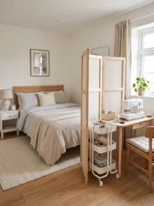Dual-purpose guest room with a compact sewing corner