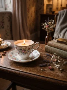 Vintage teacup candle with floral porcelain design
