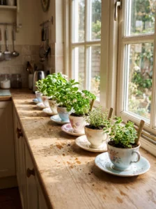 Teacup herb garden displayed on a sunny kitchen windowsill