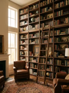 BILLY bookcase library wall with a sliding ladder