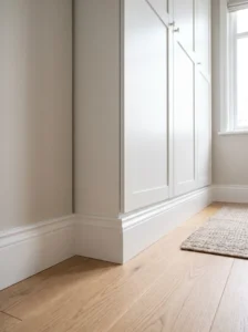 IKEA PAX wardrobe with a matching plinth and continuous baseboard concealing adjustable feet for a built-in appearance.