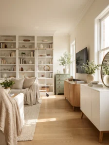 IKEA DIY furniture makeover ideas featuring a built-in bookcase, stylish sideboard, painted dresser, and custom-looking media console.