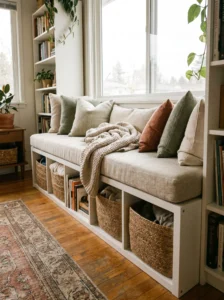 KALLAX window seat with cushion and woven storage baskets