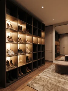 KALLAX shoe cubbies with warm LED lighting and angled shoe displays