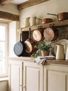 Antique copper cookware and vintage enamelware displayed above kitchen cabinets