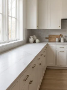 Soft white quartzite countertop with gray veining paired with warm white kitchen cabinets and a light backsplash.