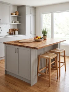 IKEA METOD kitchen cabinets transformed into a kitchen island with a butcher-block countertop and seating overhang.