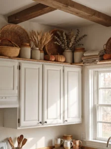 Seasonal kitchen cabinet-top decor with baskets, jars, pumpkins, and foliage