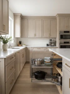 U-shaped kitchen corner cabinet with a pull-out storage system organizing cookware, bowls, and kitchen essentials.