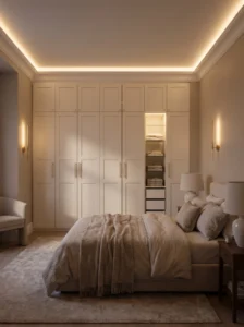 IKEA PAX built-in wardrobe with concealed warm LED strip lighting, illuminated shelving, and elegant wall sconces.