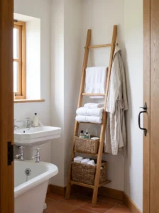 Natural oak leaning ladder shelf in a small bathroom with folded towels, a bathrobe, and woven storage baskets.