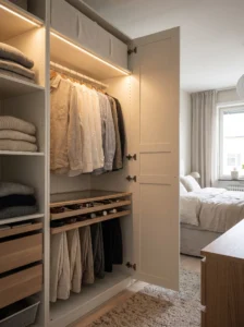 IKEA PAX closet with warm integrated LED lighting illuminating hanging clothes, drawers, and shelves.