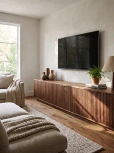 IKEA BESTÅ media console makeover with vertical walnut fluted doors and minimalist living room styling.
