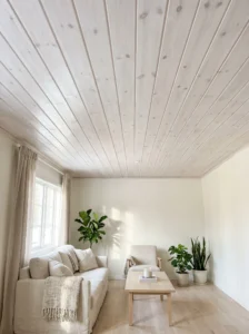 Whitewashed pine plank ceiling brightening a small living room with warm white walls and natural wood furniture.