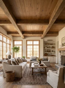 Wood plank ceiling with exposed faux beams in a spacious living room