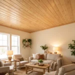 18 budget-friendly wood ceiling ideas featuring warm natural wood planks in a cozy living room.