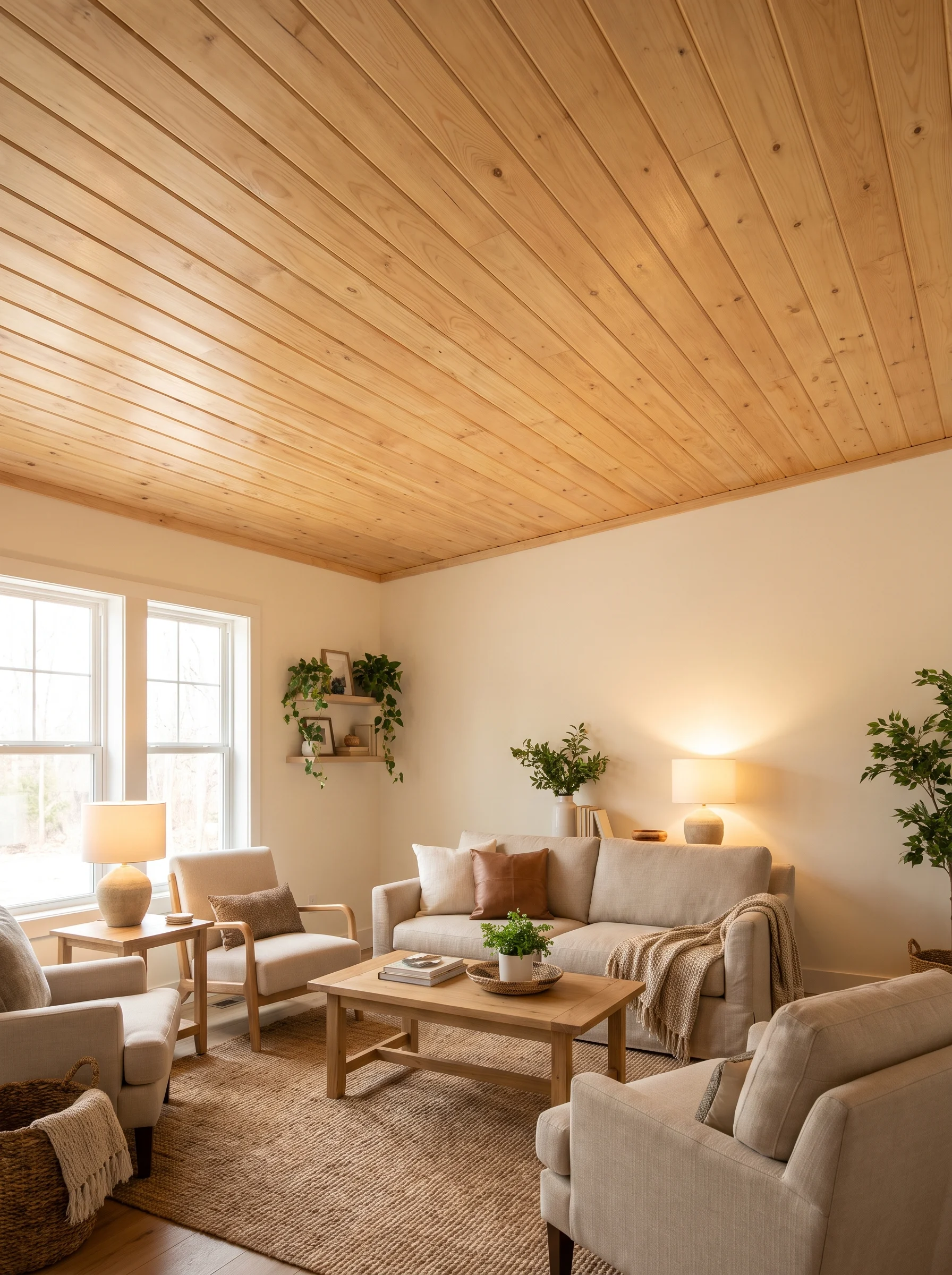 18 budget-friendly wood ceiling ideas featuring warm natural wood planks in a cozy living room.