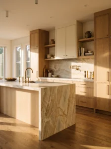 Warm cream Taj Mahal-style quartzite countertop with subtle golden veining, oak cabinets, and brass kitchen fixtures.
