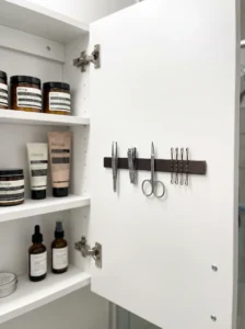 Magnetic strip inside a bathroom cabinet door holding tweezers, nail clippers, scissors, and other small metal grooming tools.