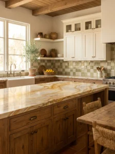 Golden honey quartzite countertop with amber and caramel veining, warm wood cabinets, and antique brass fixtures.
