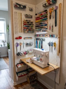 Pegboard-centered micro sewing station for a tiny space