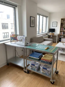 Mobile rolling cart sewing setup for a small shared space