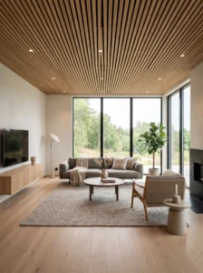Modern wood slat ceiling with evenly spaced gaps