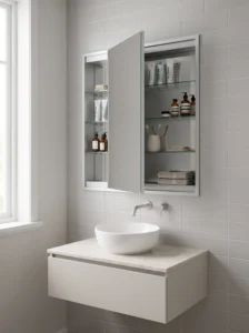 Recessed mirrored medicine cabinet built flush into a small bathroom wall with organized shelves for everyday toiletries.